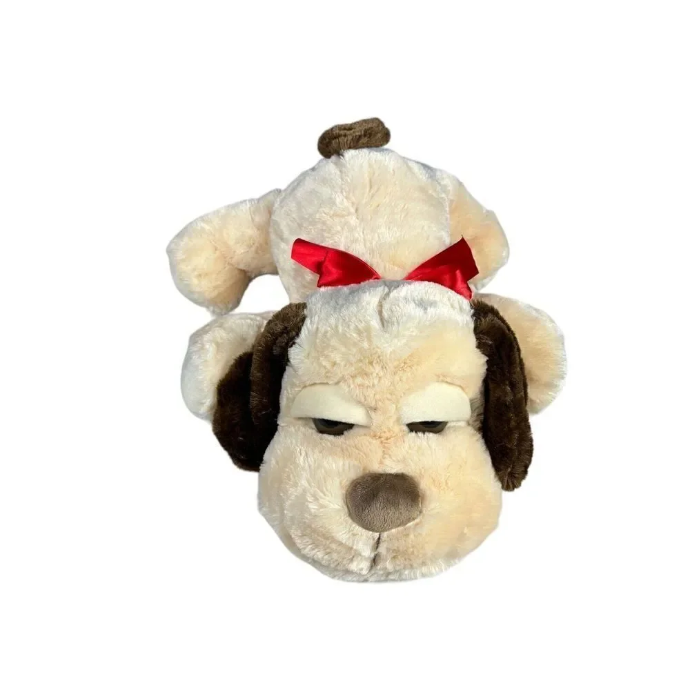 Hugfun Beagle Plush Realistic Tan Large Eyes Floppy Big Head Long Dog Red Bow